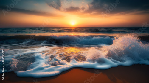 Serene Sunrise Over the Sea with Beautiful Foamy Waves Washing Against the Shore. created with Generative AI © photobuay