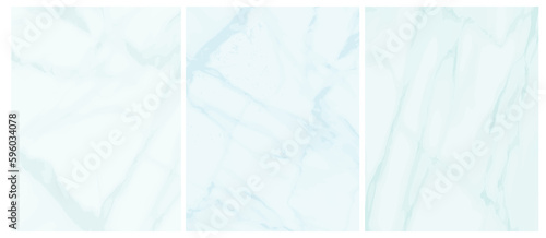 Set of 3 Delicate Abstract Marble Vector Layouts. Off-White Irregular Lines on a Light Blue Background. 3 Different Shades of Blue. Soft Marble Stone Style Art. Pastel Color Blank Set. No Text.  