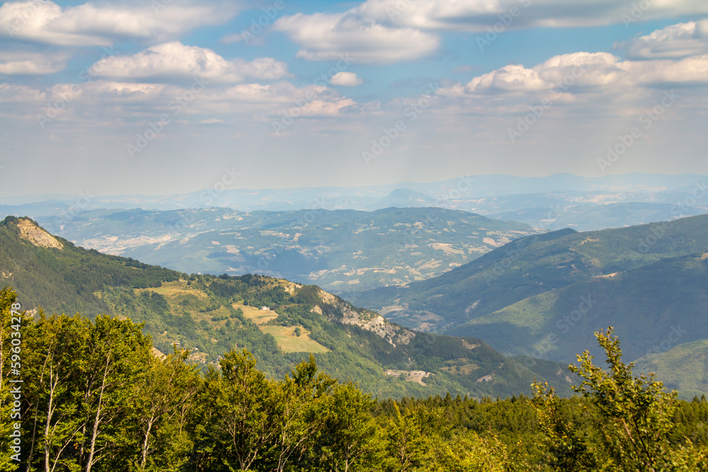 Beautiful panoramic view in summer on Monte Cimone near Lake Ninfa. Landscape of the Tuscan-Emilian Apennines of Sestola, province of Modena, Italy