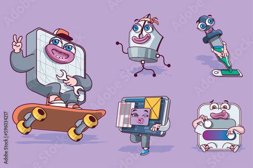 Development concept with 3d cute cartoon characters set. Funny avatars of tools for illustrator, designer, programmer, developer and creative worker. Vector illustration with comic mascots design