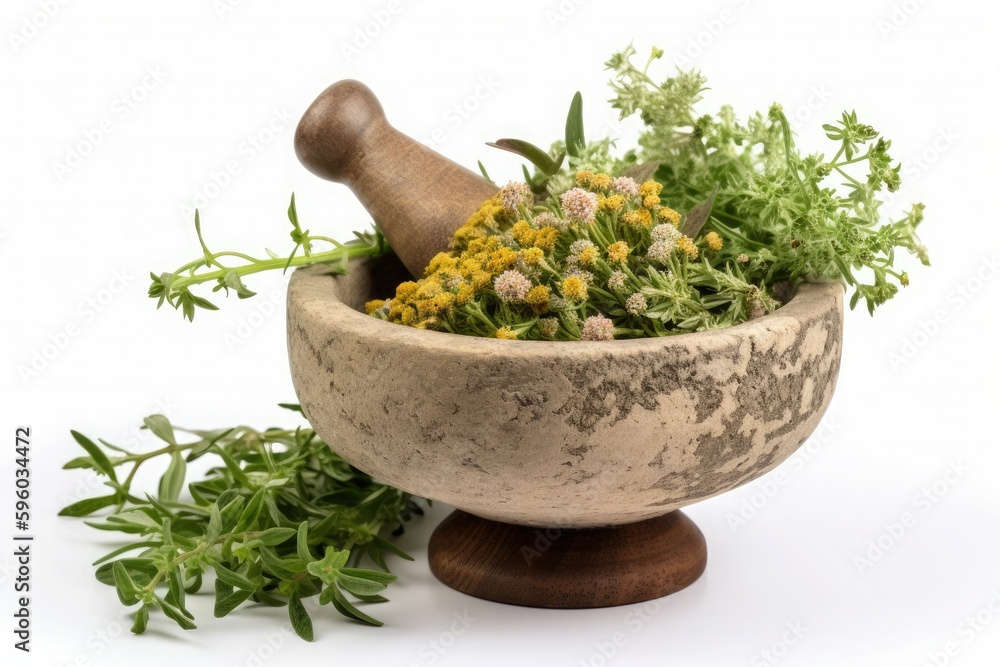 Medicinal herbs in a stone mortar on a white background. Generative AI