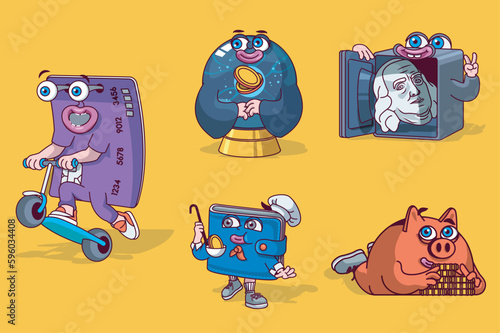Finance concept with 3d cute cartoon characters set. Funny avatars of credit card, financial forecast, safe, money wallet and piggy bank with savings. Vector illustration with comic mascots design