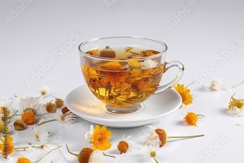 Cup of herbal tea with calendula and chamomile on a white background. Generative AI