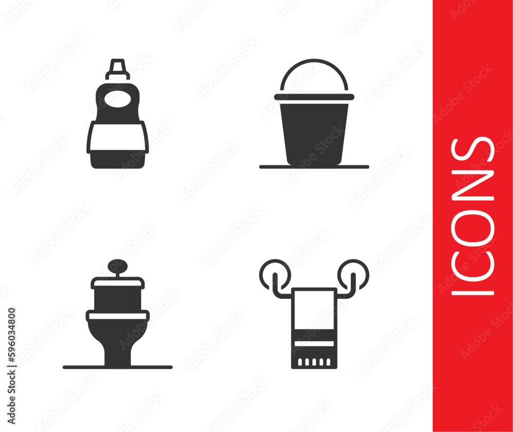 Set Towel on hanger, Dishwashing liquid bottle, Toilet bowl and Bucket icon. Vector Set Towel on hanger, Dishwashing liquid bottle, Toilet bowl and Bucket icon. Vector