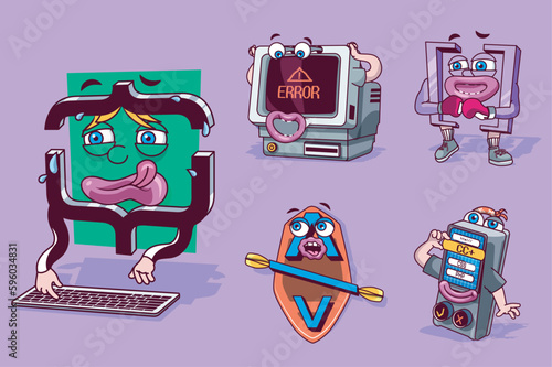 Programming concept with 3d cute cartoon characters set. Funny avatars of computer with error text and coding process symbols of software development. Vector illustration with comic mascots design