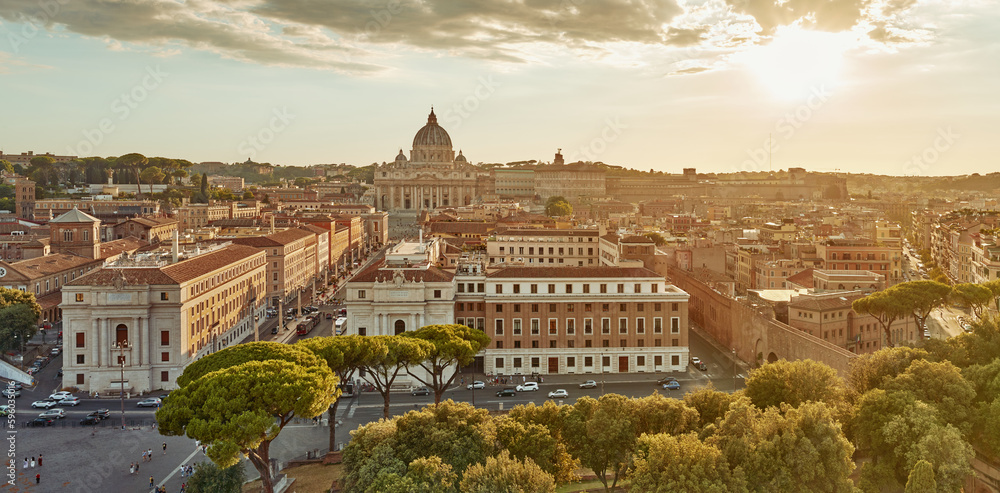 Street in rome. Panorama view. St. Peter's Basilica Vatican in sunset