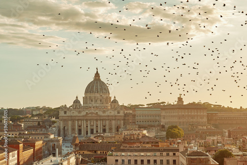 Street in rome. Panorama view. St. Peter's Basilica Vatican in sunset with birds