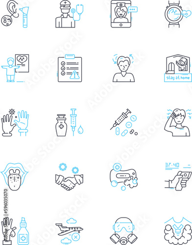 Pathogen treatment linear icons set. Antimicrobial, Sterilization, Disinfection, Antibacterial, Sanitization, Decontamination, Purification line vector and concept signs. Remediation,Inactivation photo