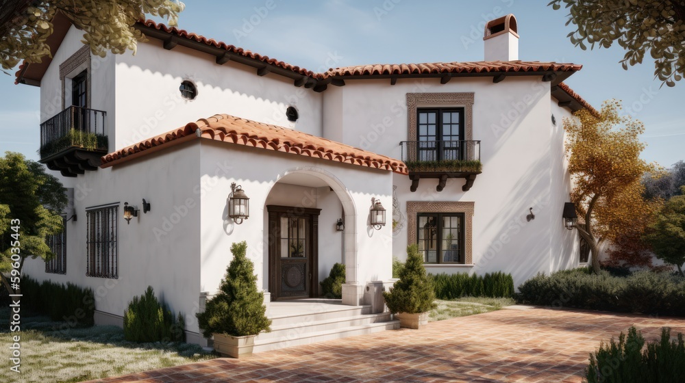 Spanish exterior house design in daytime golden hour generative ai Spanish exterior house design in daytime golden hour generative ai