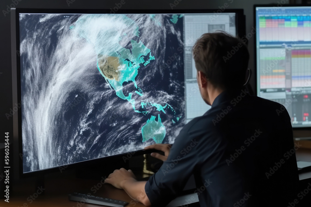 Meteorologist monitoring weather forecast at monitor screen. Workplace in meteorological department. Created with Generative AI - obrazy, fototapety, plakaty 