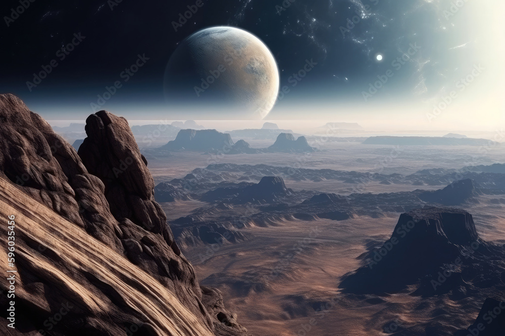 Surface of unknown planet with craters and mountains. Rising star in sky against of lifeless planet background. Colonization and terraforming new worlds in space. Created with Generative AI