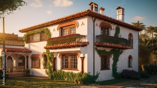 Spanish exterior house design in daytime golden hour generative ai