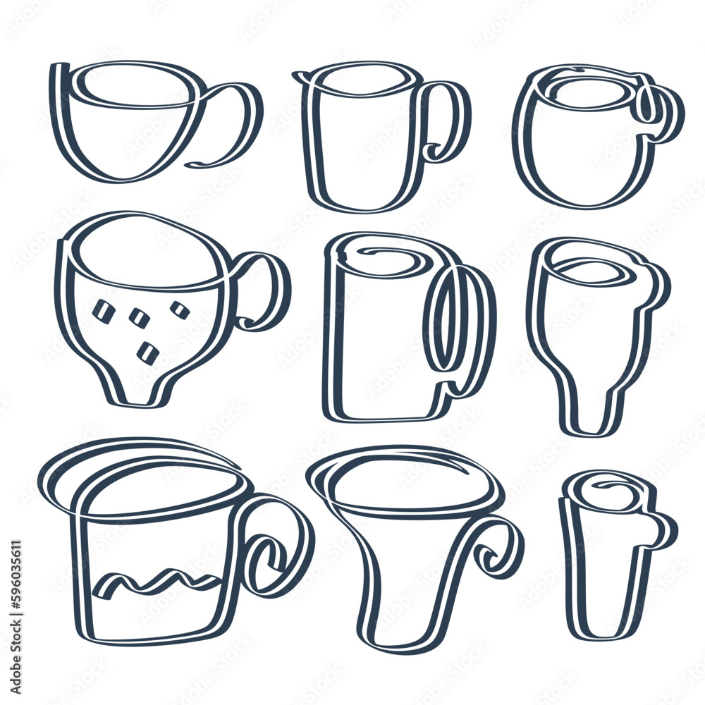 A set of doodle-style cups isolated on a white background.