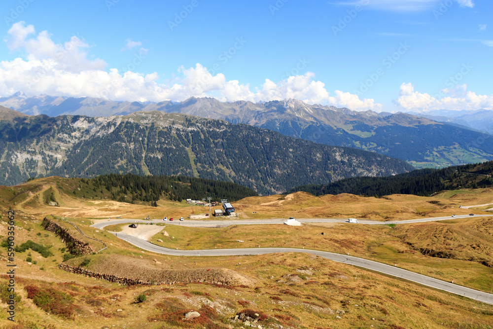 Panorama view of road with serpentines at mountain pass Jaufen Pass in South Tyrol, Italy Panorama view of road with serpentines at mountain pass Jaufen Pass in South Tyrol, Italy