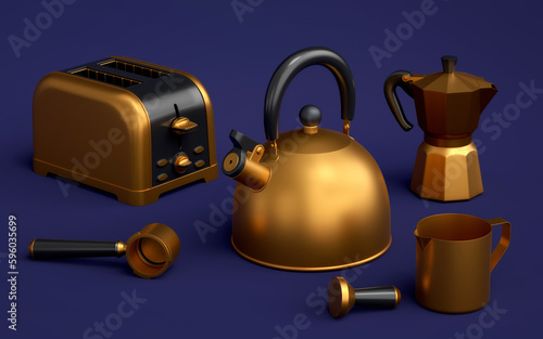 Kettle, toaster, coffee machine horn and geyser coffee maker on blue background.