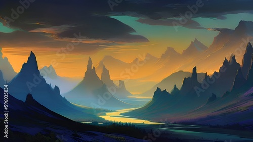 sunset in mountains artwork