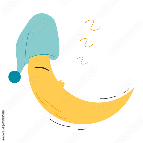 Cute yellow half moon sleeping in hat with pompom. Childish colored vector illustration in flat cartoon style