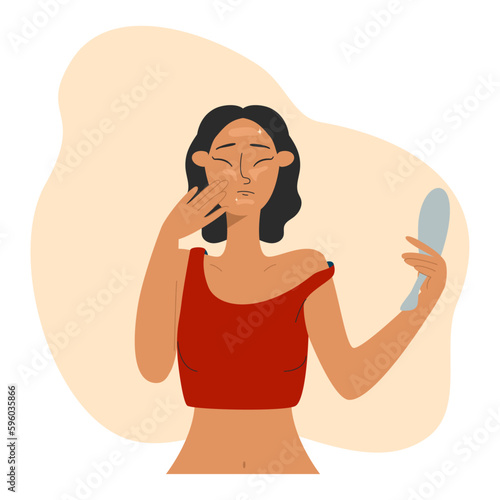 Sad woman looks in the mirror. Oily skin problem. Self care concept. ector stock illustration isolated on pastel liquid background 