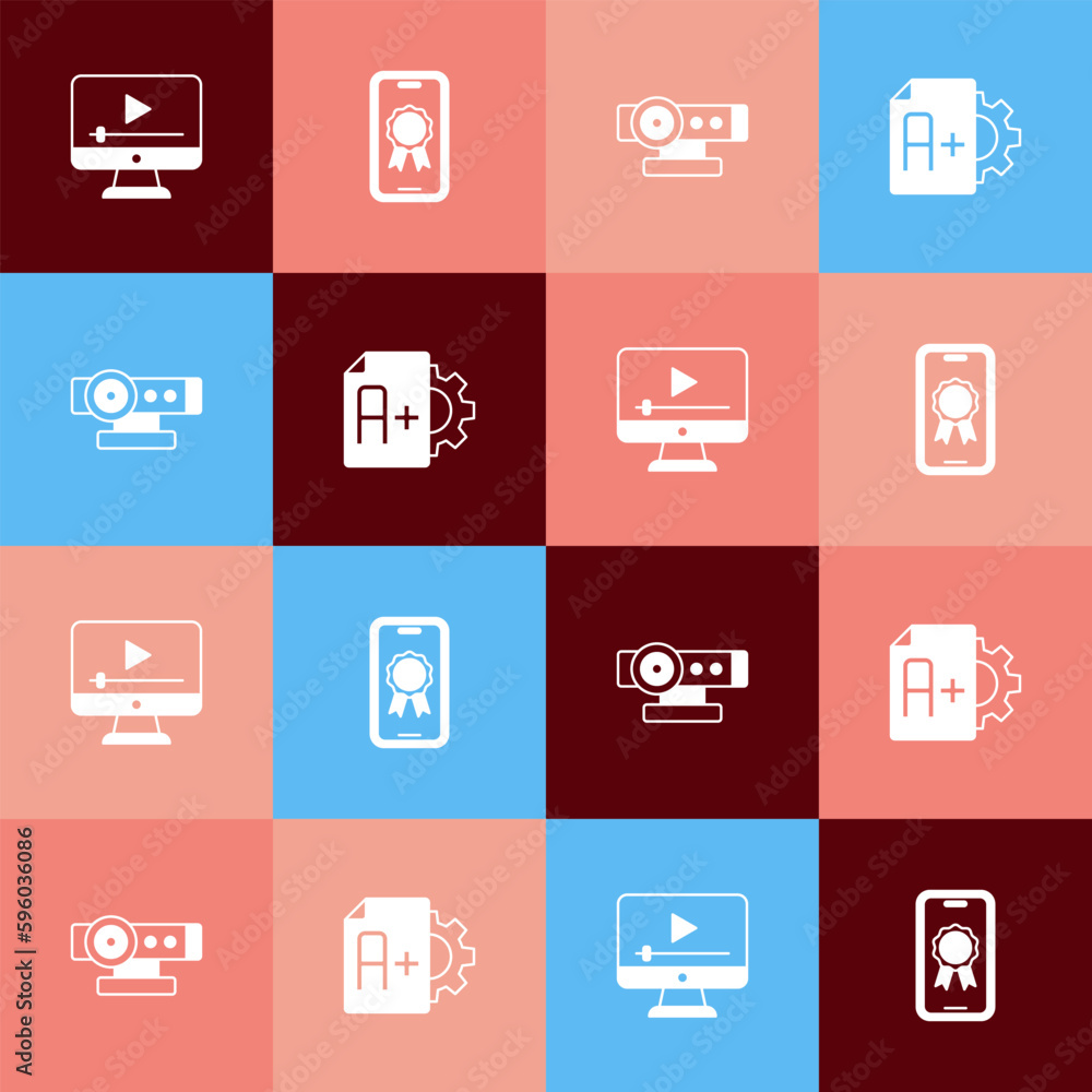 Set pop art Online play video, education with diploma, Web camera and Exam sheet A plus grade icon. Vector Set pop art Online play video, education with diploma, Web camera and Exam sheet A plus grade icon. Vector