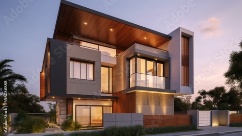 Split level exterior house design in daytime golden hour generative ai