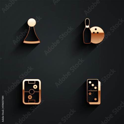 Set Chip for board game, Bowling pin and ball, Air hockey table and Domino icon with long shadow. Vector