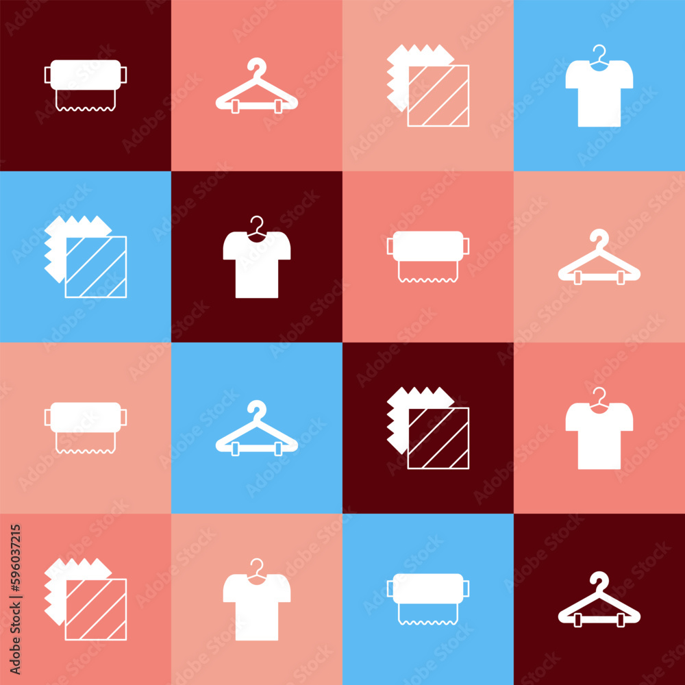 Set pop art Textile fabric roll, Hanger wardrobe, Layers clothing textile and T-shirt on hanger icon. Vector Set pop art Textile fabric roll, Hanger wardrobe, Layers clothing textile and T-shirt on hanger icon. Vector