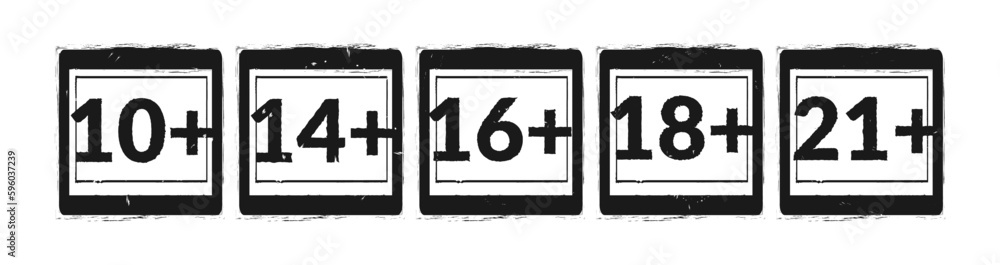 Age limit square stamp icon vector set. Year plus sign. Notification ...