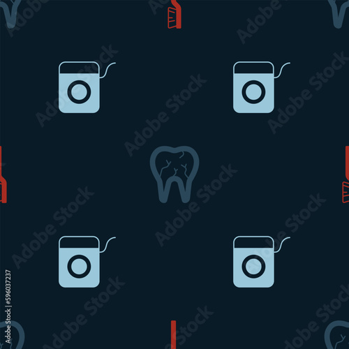 Set Toothbrush, Broken tooth and Dental floss on seamless pattern. Vector