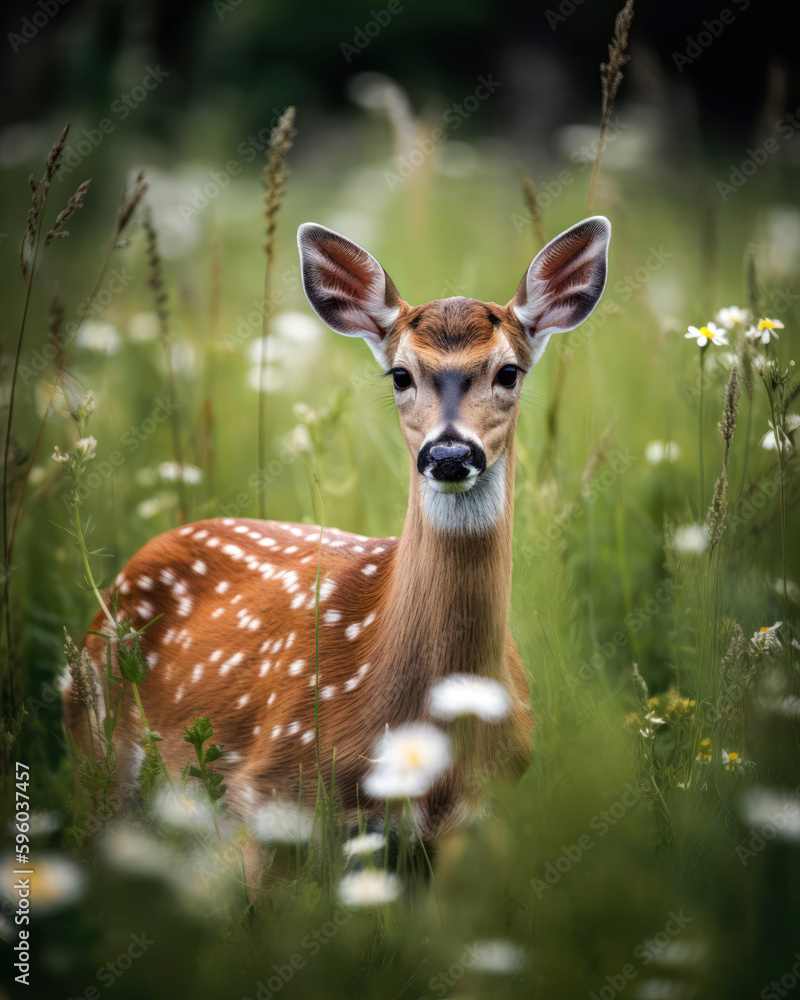 Young whitetail deer fawn in a field of daisies Young whitetail deer fawn in a field of daisies