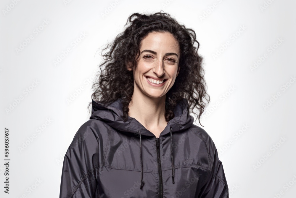 Portrait of a smiling woman in a warm jacket on a white background Portrait of a smiling woman in a warm jacket on a white background