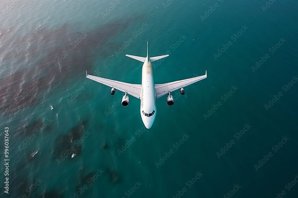 Fototapeta premium Top View Close Up of Airplane Flying over the Sea