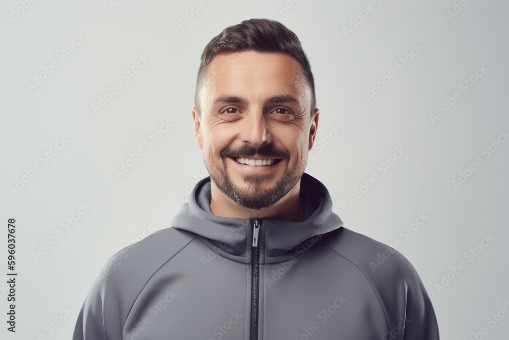 Portrait of handsome young man in hoodie looking at camera and smiling while standing against grey background