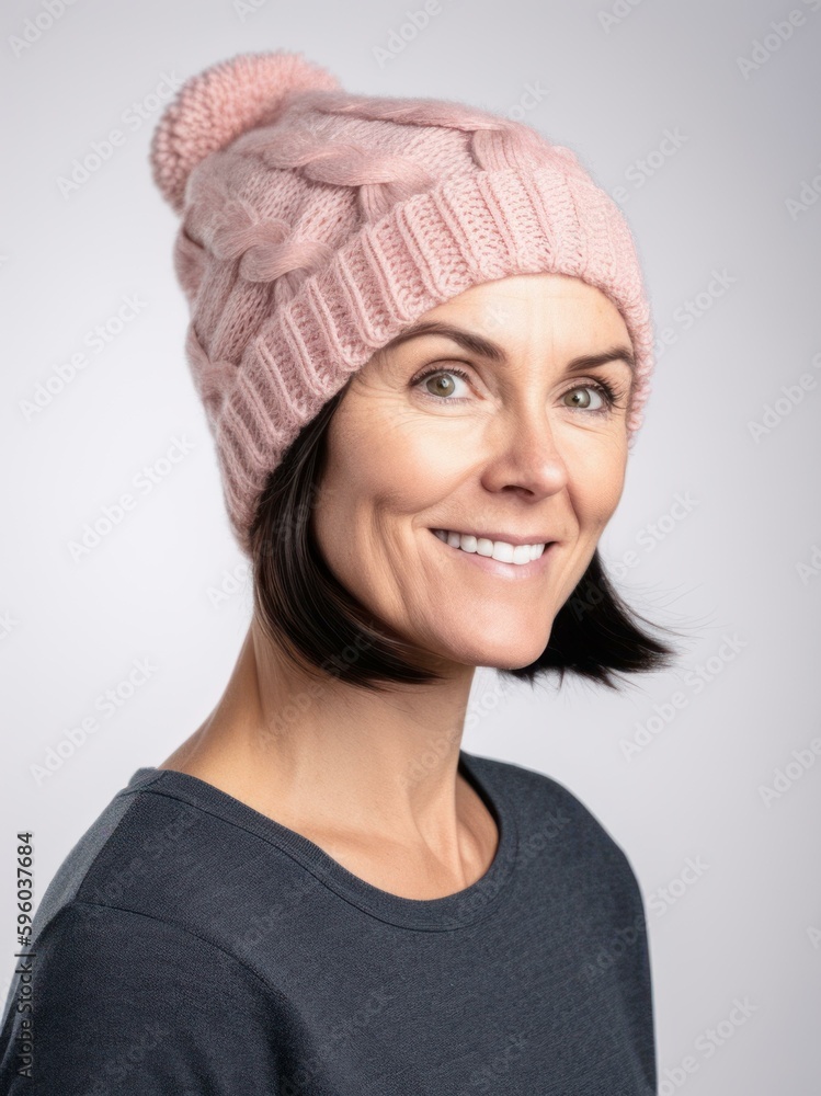 Portrait of a smiling woman in a knitted hat. Studio shot. Portrait of a smiling woman in a knitted hat. Studio shot.