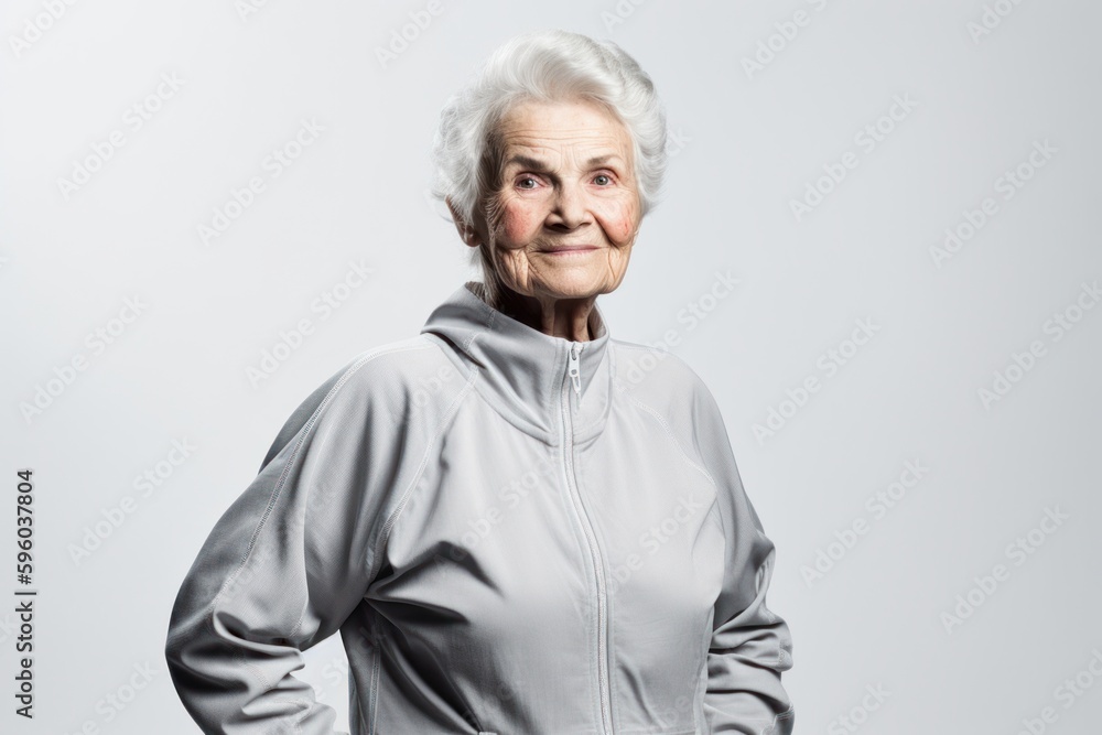Group portrait photography of a satisfied woman in her 80s wearing a comfortable tracksuit against a white background. Generative AI Group portrait photography of a satisfied woman in her 80s wearing a comfortable tracksuit against a white background. Generative AI