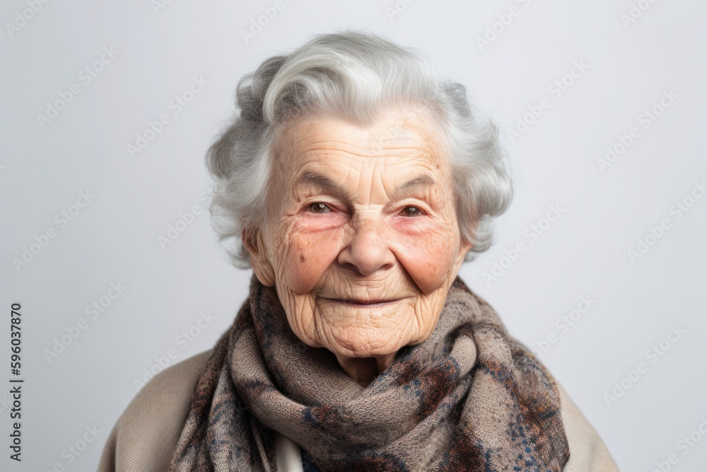 Portrait of a happy senior woman with scarf on grey background. Portrait of a happy senior woman with scarf on grey background.