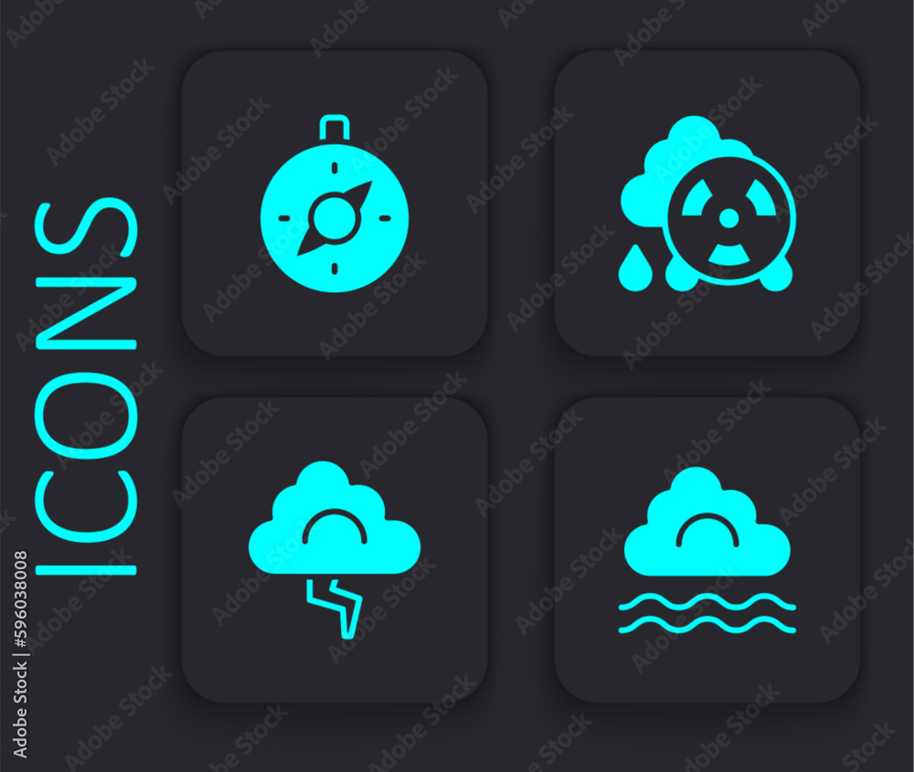 Set Fog and cloud, Compass, Acid rain radioactive and Cloud lightning icon. Black square button. Vector Set Fog and cloud, Compass, Acid rain radioactive and Cloud lightning icon. Black square button. Vector