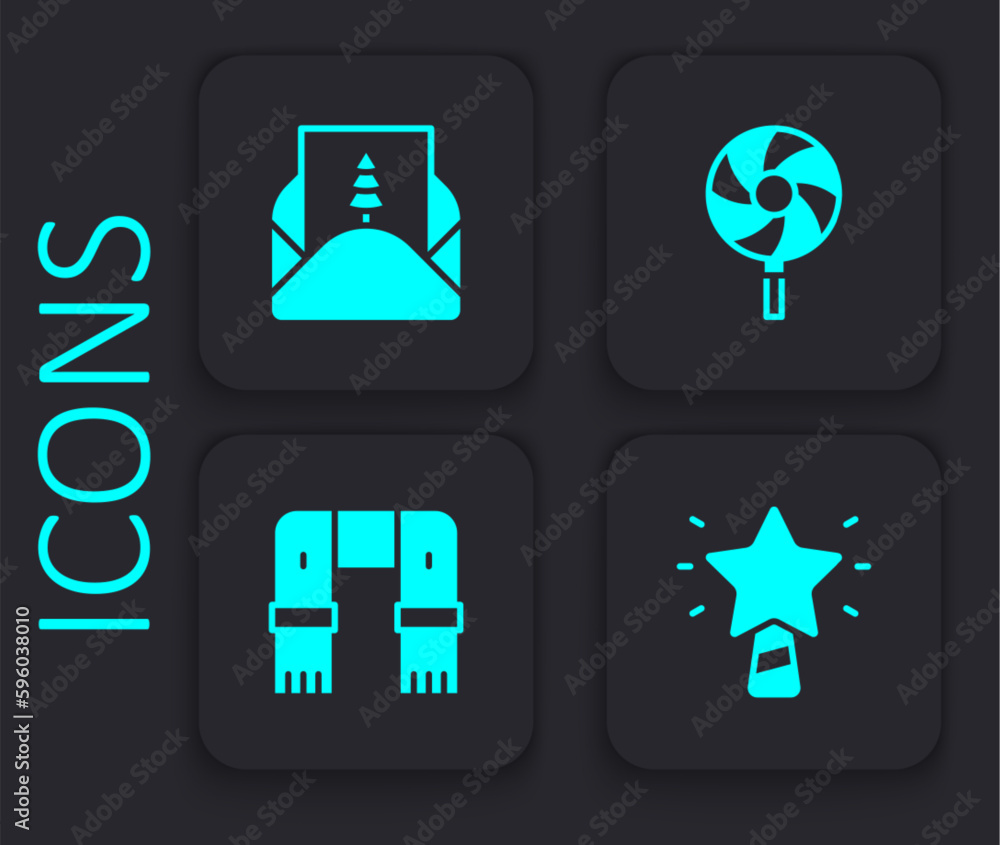 Set Christmas star, Envelope, Lollipop and Winter scarf icon. Black square button. Vector Set Christmas star, Envelope, Lollipop and Winter scarf icon. Black square button. Vector