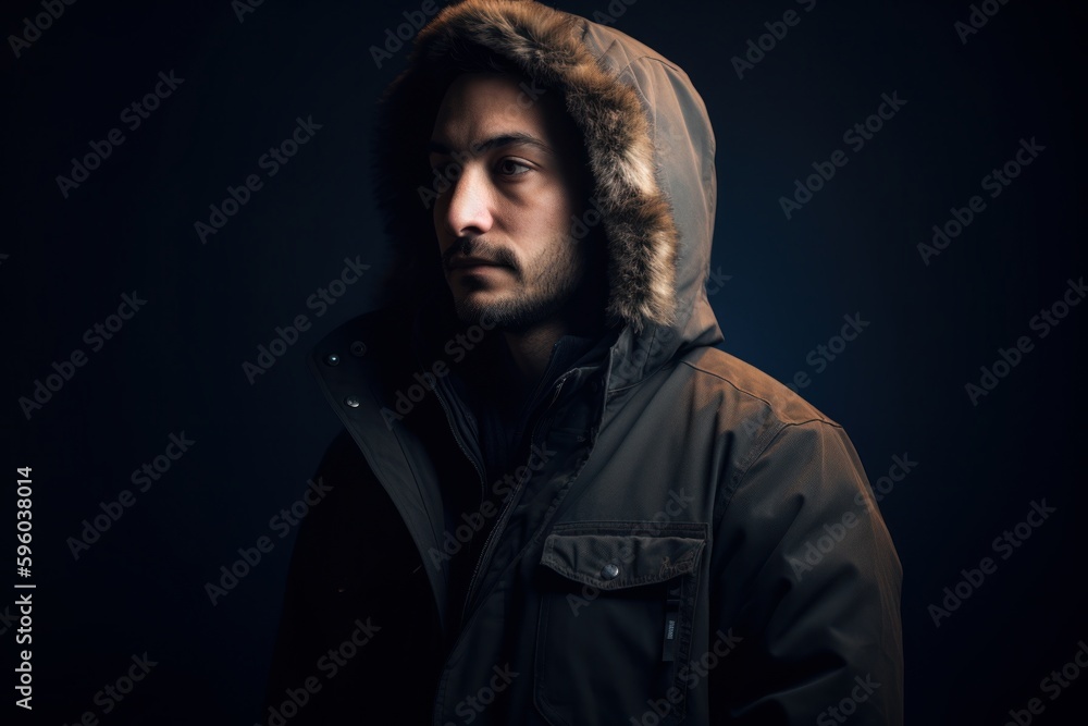 Handsome young man in winter coat with hood on dark background