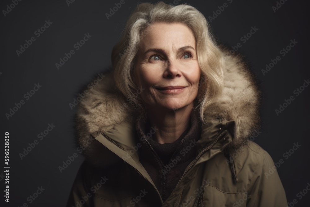 Portrait of a beautiful senior woman in a winter jacket on a dark background Portrait of a beautiful senior woman in a winter jacket on a dark background