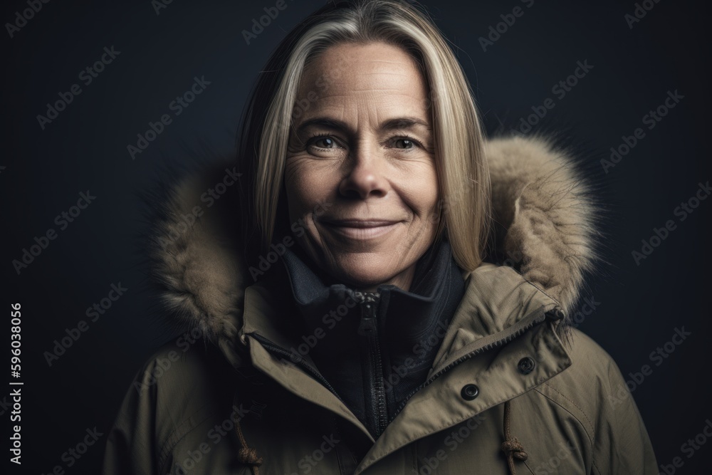 Portrait of a beautiful mature woman in a warm jacket on a dark background Portrait of a beautiful mature woman in a warm jacket on a dark background