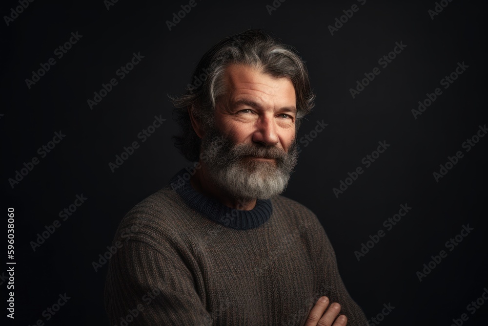 Portrait of a gray-haired man in a sweater on a dark background