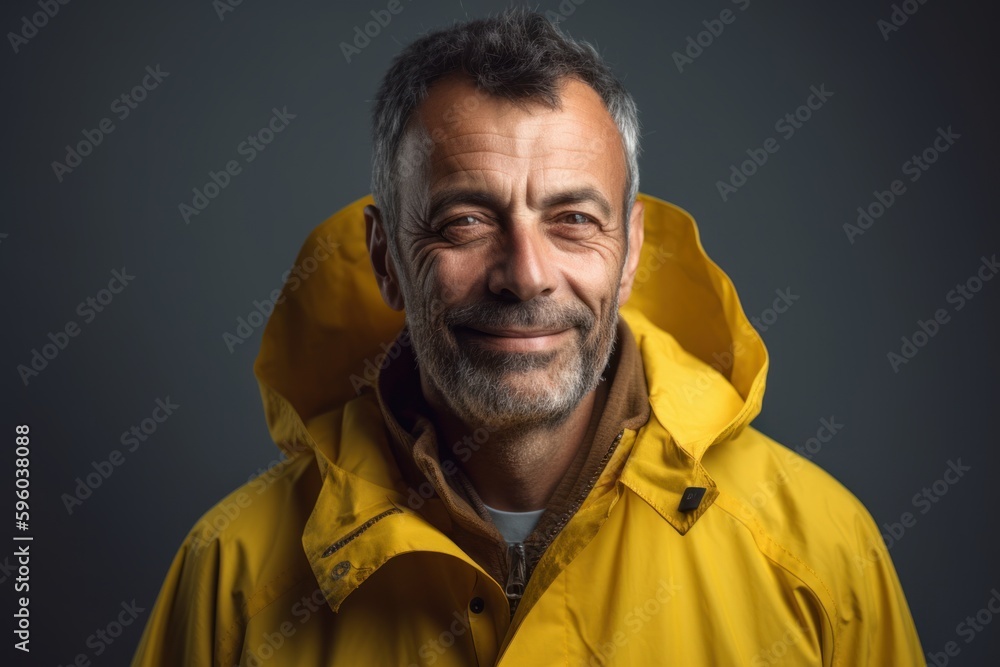 Portrait of a middle-aged man in a yellow raincoat. Portrait of a middle-aged man in a yellow raincoat.