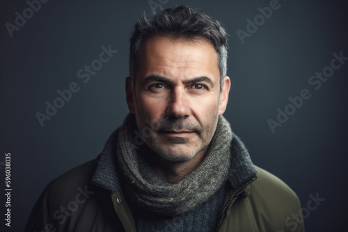 Portrait of a middle-aged man in a warm jacket and scarf