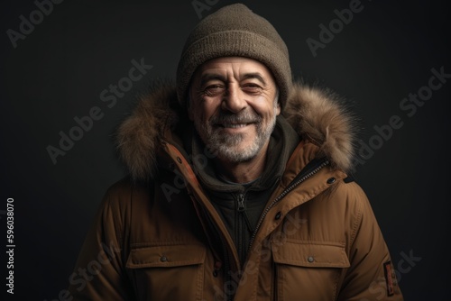 Portrait of a senior man in winter jacket and hat on a dark background.