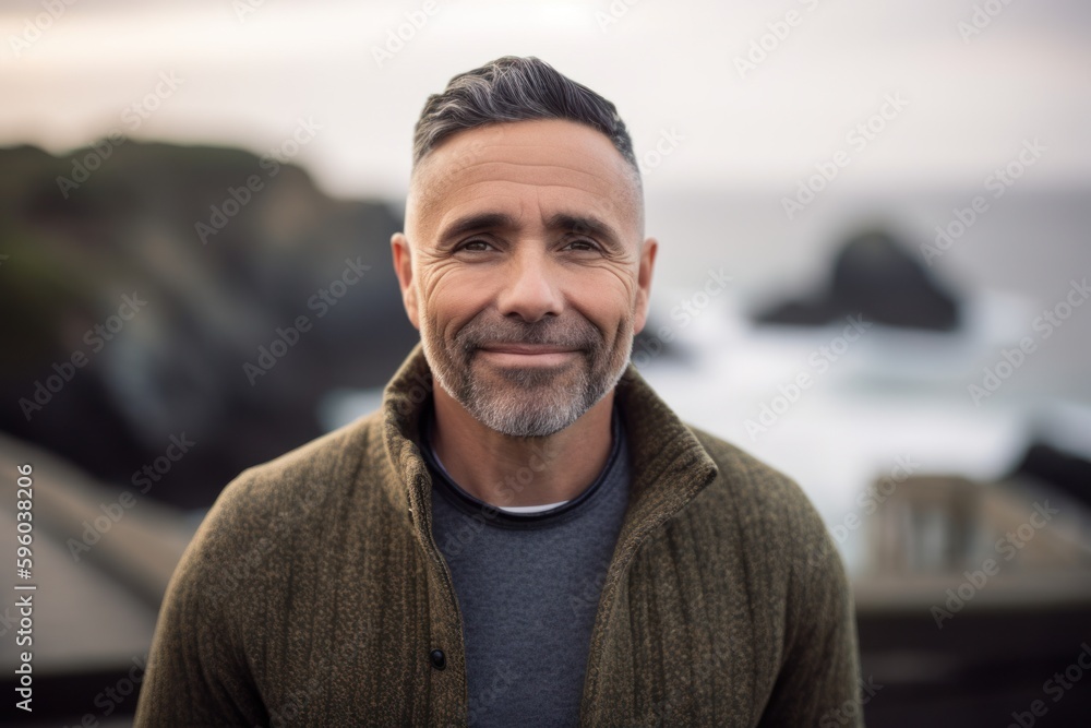 Portrait of smiling mature man looking at camera at the beach during sunset Portrait of smiling mature man looking at camera at the beach during sunset