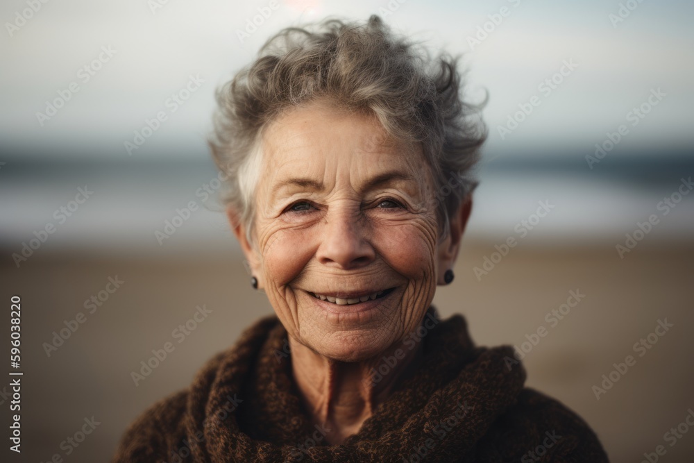 Portrait of happy senior woman on the beach at autumn day. Portrait of happy senior woman on the beach at autumn day.