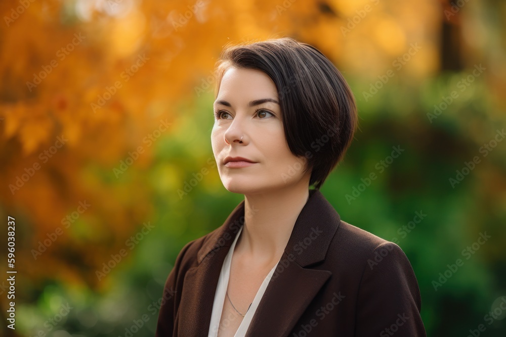 Portrait of a beautiful young brunette woman in a brown jacket in the autumn park Portrait of a beautiful young brunette woman in a brown jacket in the autumn park