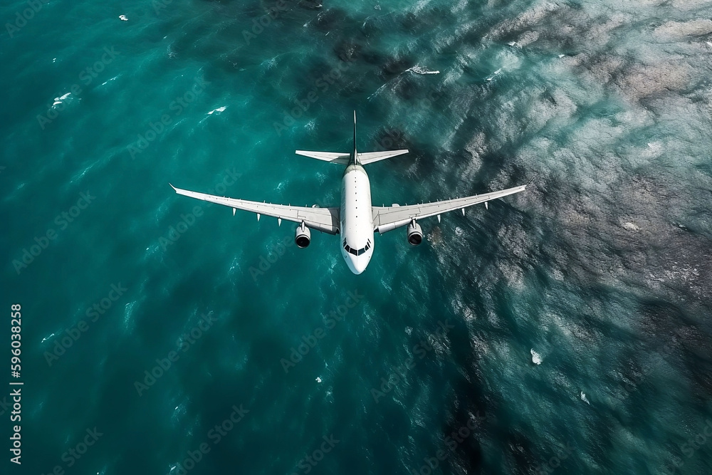 Fototapeta premium Top View Close Up of Airplane Flying over the Sea