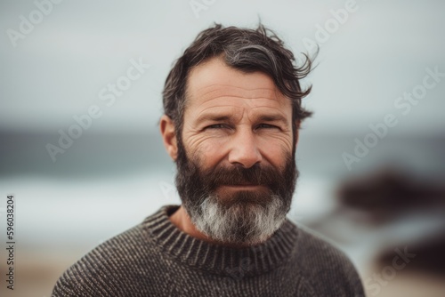 Portrait of handsome mature man with grey beard and mustache at the beach