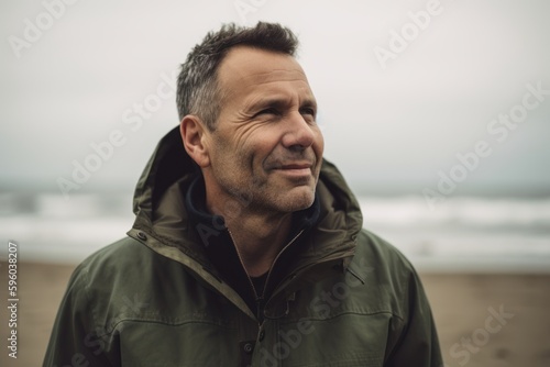 Portrait of handsome middle-aged man in raincoat on beach